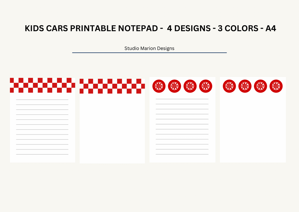 Kids Cars Themed Printable NotePad A4